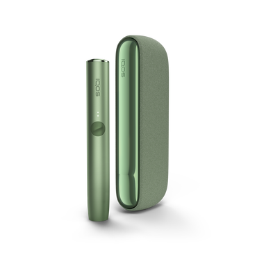 A Moss Green IQOS ILUMA device and holder. 