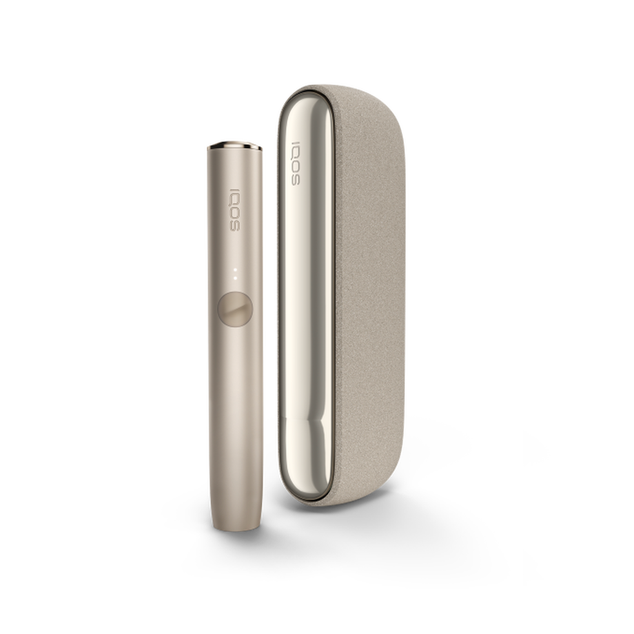 A Pebble Beige IQOS ILUMA device and holder. 