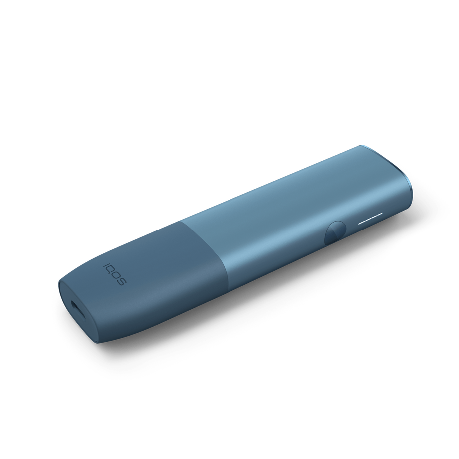 A side view of an Azure Blue IQOS ILUMA ONE. 