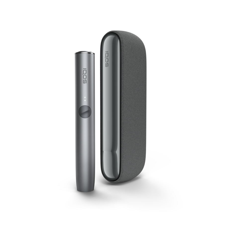 A Pebble Grey IQOS ILUMA device and holder. 