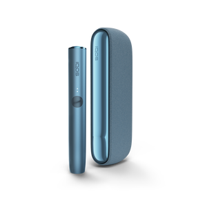 A Azure Blue IQOS ILUMA device and holder. 