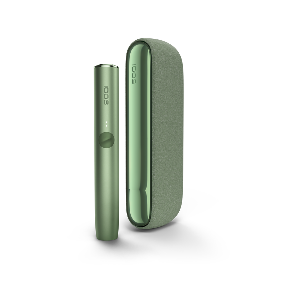 A Moss Green IQOS ILUMA device and holder. 