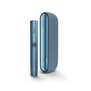 A Azure Blue IQOS ILUMA device and holder. 