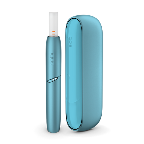 IQOS Originals DUO heated tobacco holder and pocket charger in turquoise colour.