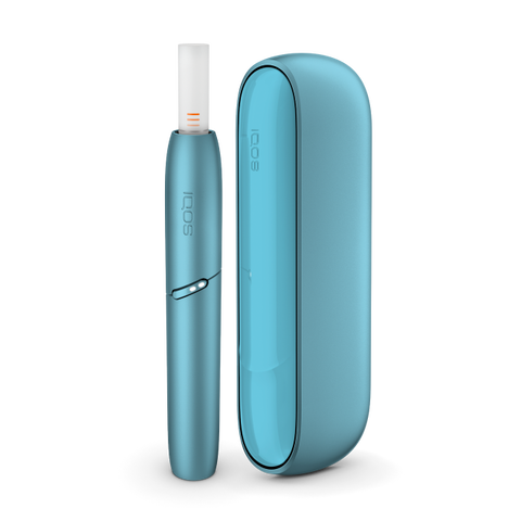IQOS Originals Duo heated tobacco holder and pocket charger in turquoise colour.