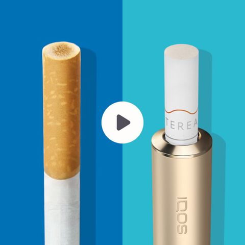 Cigarette filter with brown combustion stains compared to IQOS TEREA stick in an IQOS ILUMA holder with no equivalent stain.