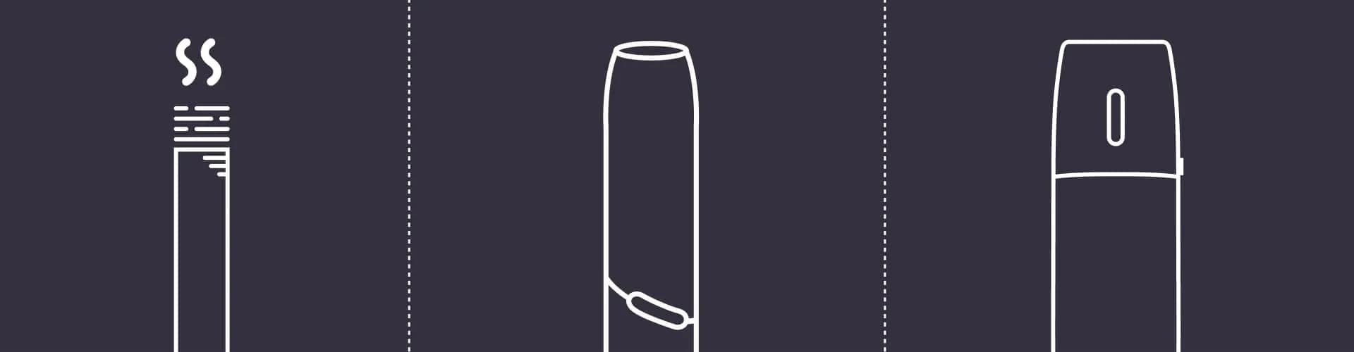 Outline images of a cigarette, e-cigarette and vape device on a dark background